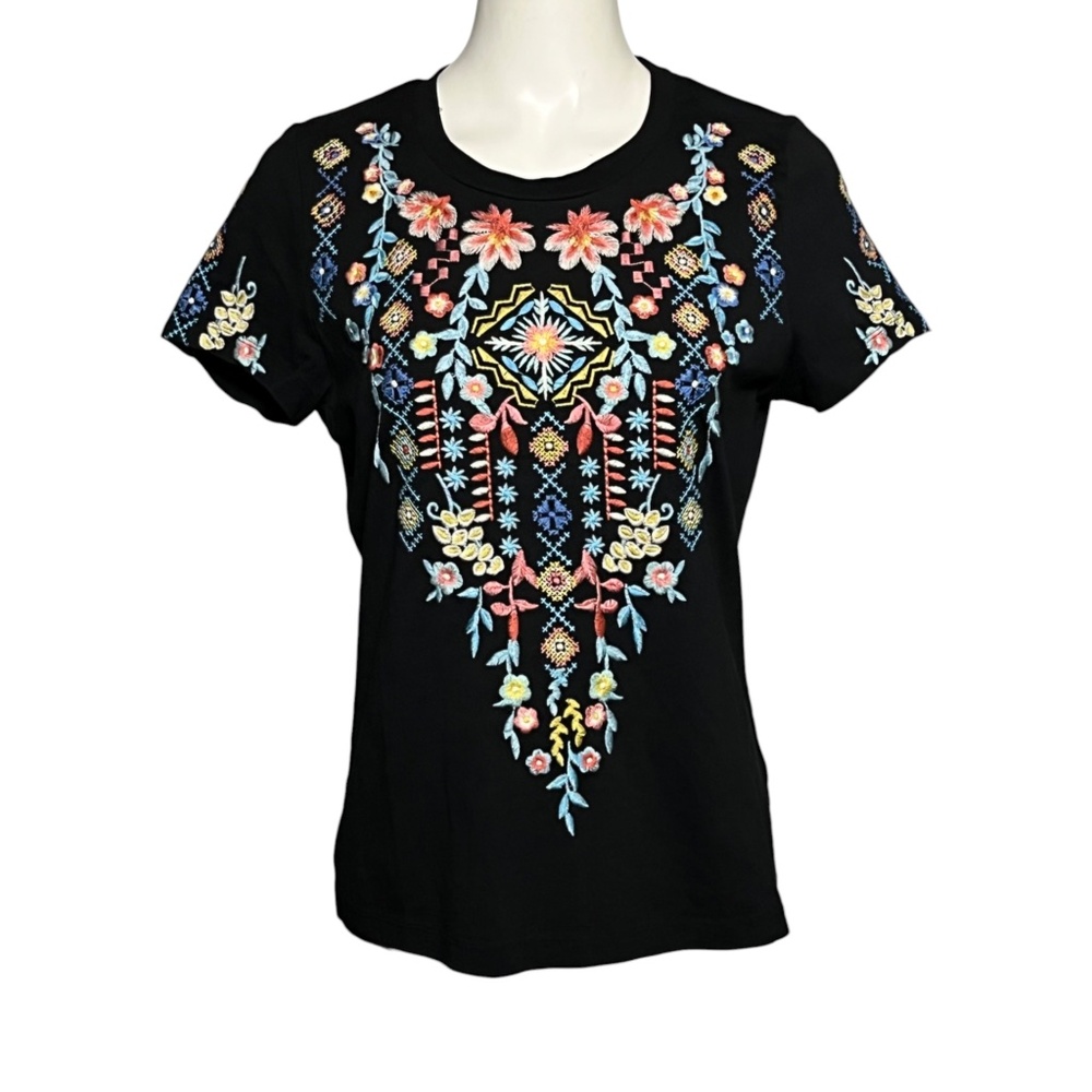 DRIFTWOOD Black Tee with Multicolor Floral Embroidered Front